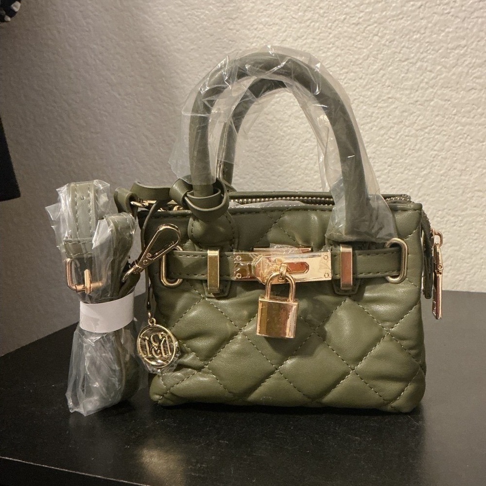 Studio Badgley Mischka Mini Quilted Vegan Leather Satchel Olive Green Gold Lock